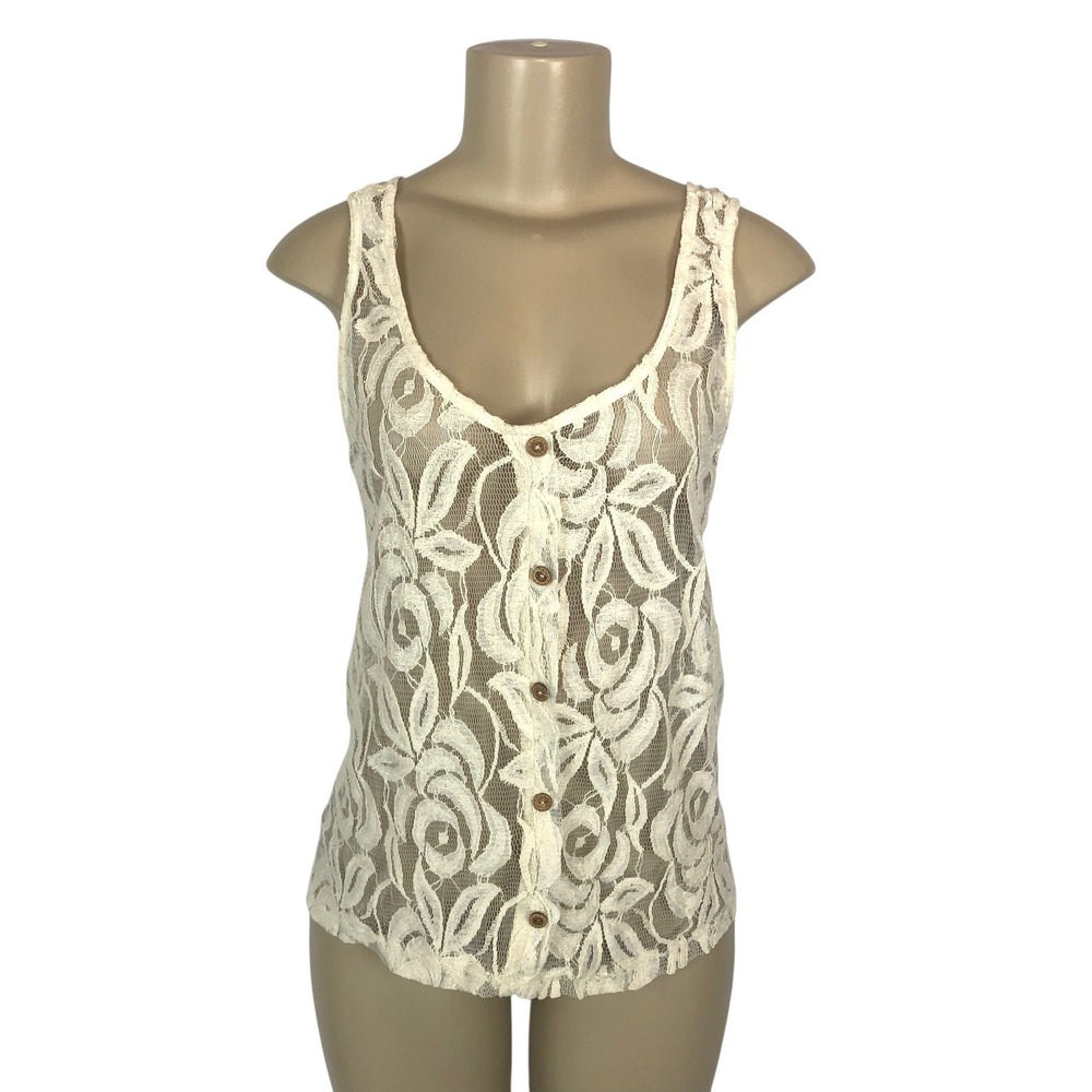 Sans Souci Anthropologie Sheer Floral Lace Button Up Tank Top Size S Boho Beachy